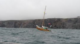 Sumara riding out a rough anchorage at Jan Mayen